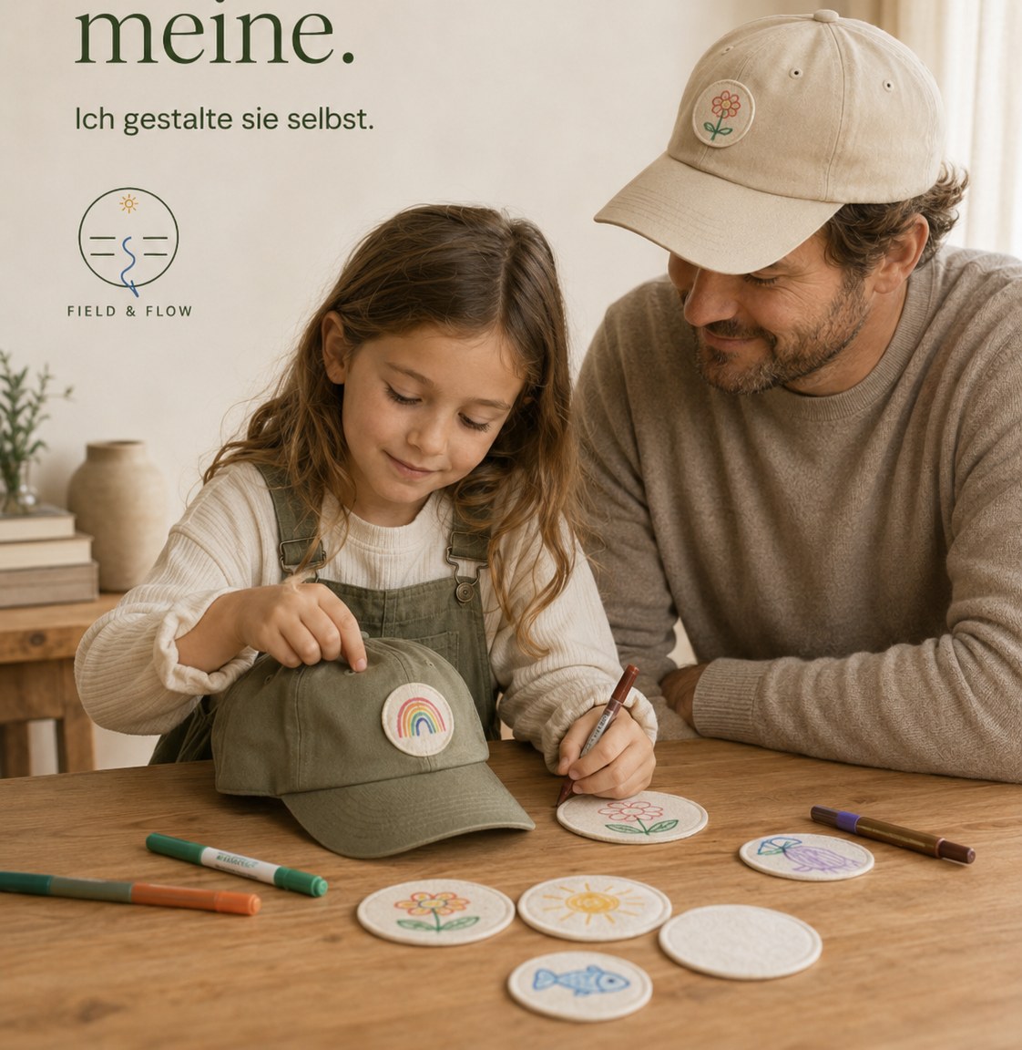 Parent and child creating Crewies together at a table, with a small children's cap nearby